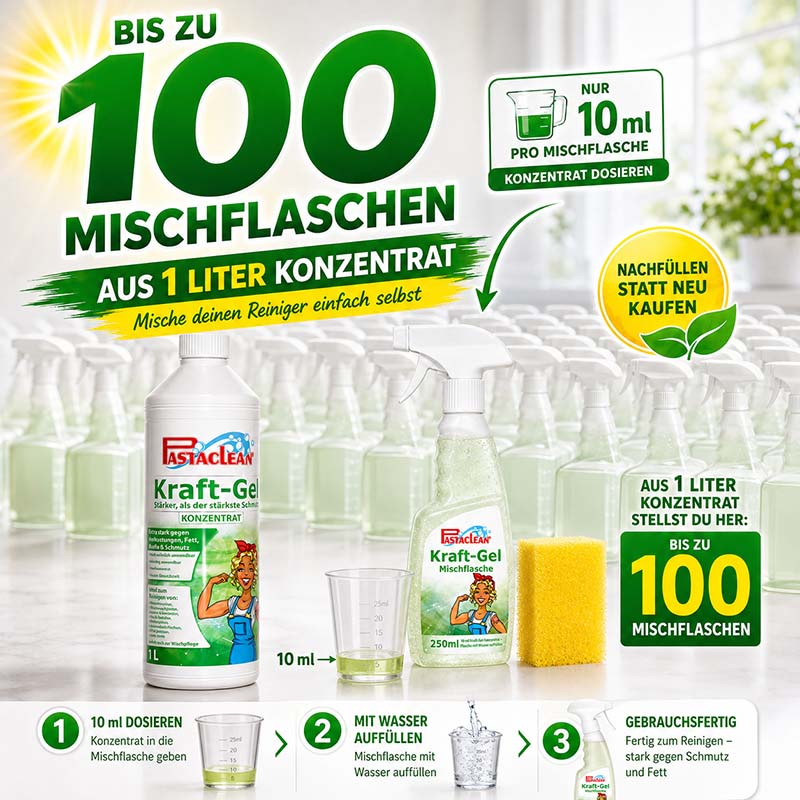 Pastaclean Kraftgel Reinigungsset mit 1 l Konzentrat und Zubehör, stark gegen Schmutz und Fett, ideal für vielseitige Haushaltsreinigung, bis zu 100 Mischflaschen, nachhaltiges Nachfüllen, mit Messbecher und Reinigungshandschuh.