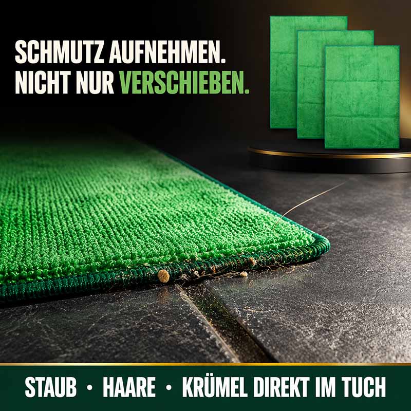Grünes Mikrofaser-Bodentücher 3er-Set, 50 × 70 cm, saugstark zur Schmutzaufnahme auf Böden, ideal für Staub, Haare und Krümel in Haushalt und Gewerbe.