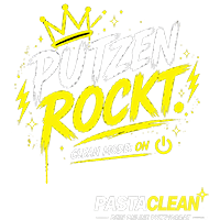 Putzmittel-Logo mit Slogan "Putzen rockt. Clean Mode: On". Marke Pastaclean. Reinigungsprodukte, Online-Shop.