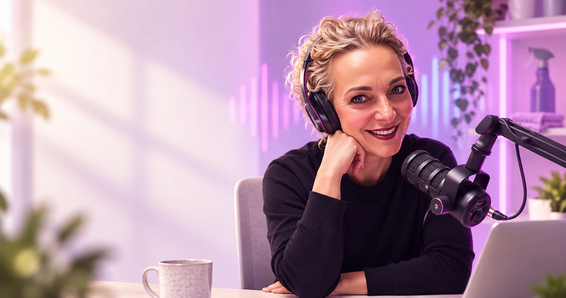 Karina beim Pastaclean Putz-Podcast mit Kopfhörern und Studiomikrofon