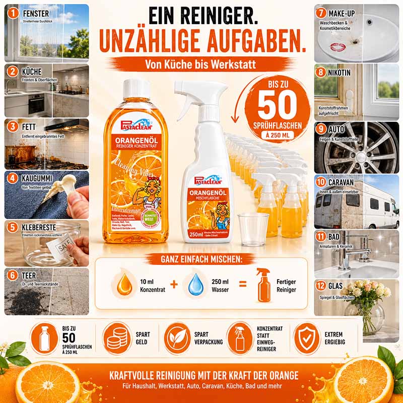 Pastaclean Orangenöl Reiniger Konzentrat 500 ml, vielseitiger Haushaltsreiniger für Fenster, Küche, Bad und Auto, entfernt Schmutz, Fett, Nikotin, Teer, Kaugummi, klebrige Rückstände, geeignet für Haushalts- und Werkstattanwendungen.