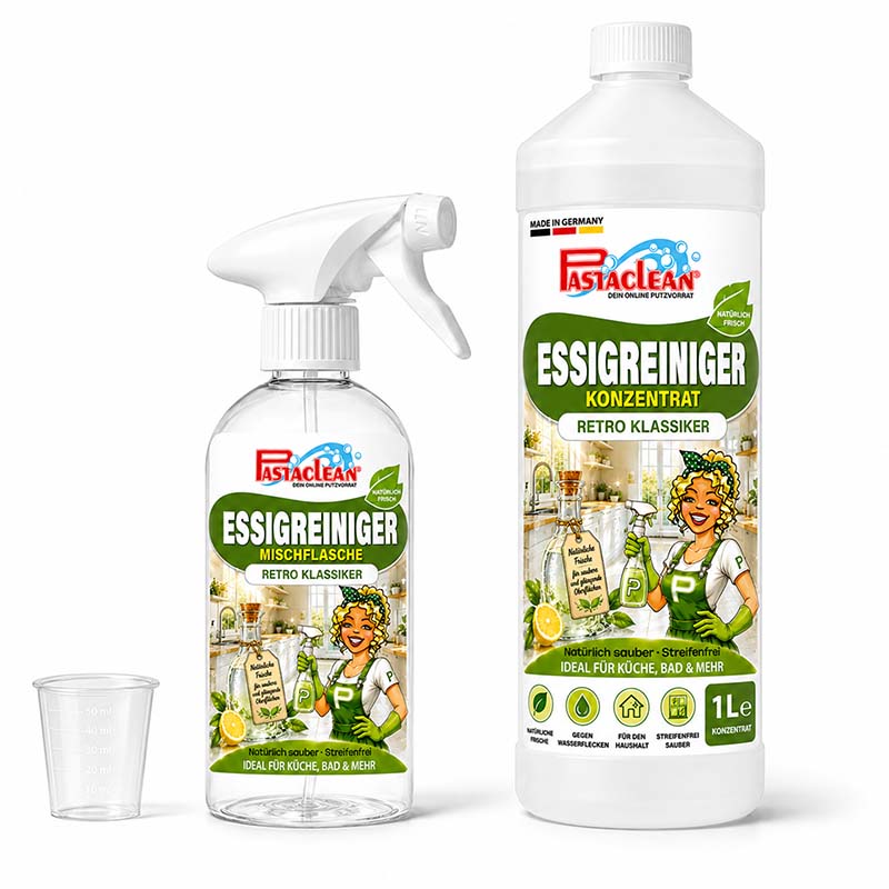 Essigreiniger 1 Liter Konzentrat, Haushaltsreiniger für Bad und Küche, Pastaclean Marke, Retro Design, natürliche Reinigungskraft, streifenfrei, gegen Kalk und Flecken, vielseitig einsetzbar, umweltfreundlich, inklusive Mischflasche und Messbecher.