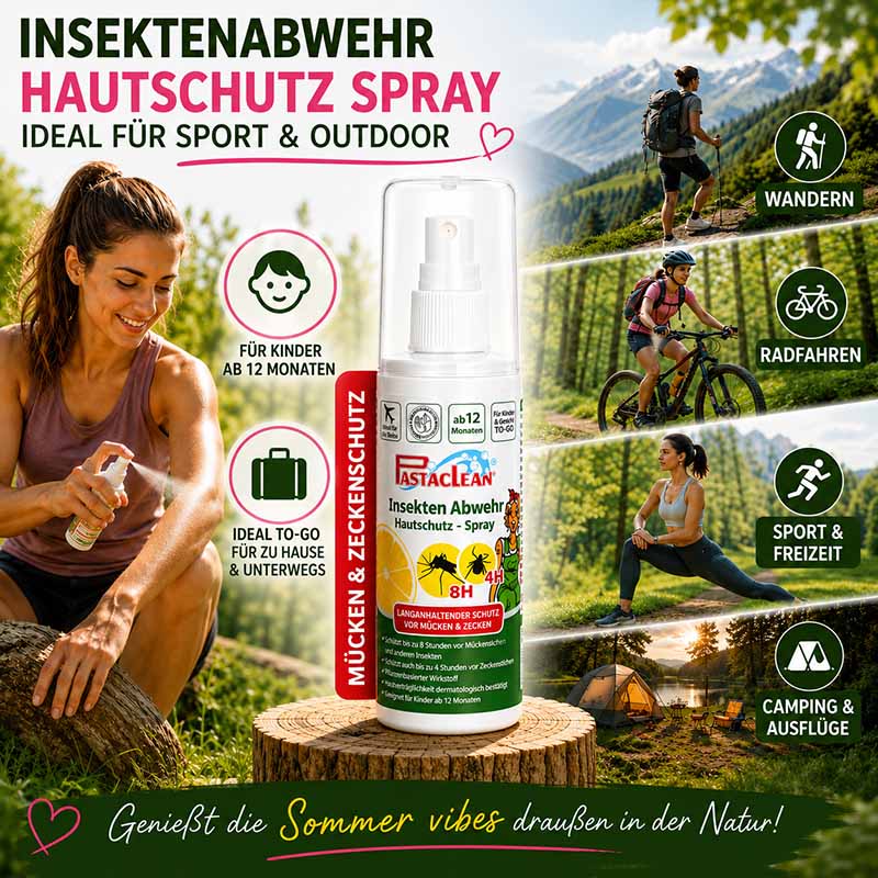 Pastaclean Insektenschutz Hautschutz Spray 100 ml, Schutz vor Mücken, Zecken und Stechfliegen, ideal für Sport und Outdoor-Aktivitäten, geeignet für Kinder ab 12 Monaten, praktische Größe für unterwegs