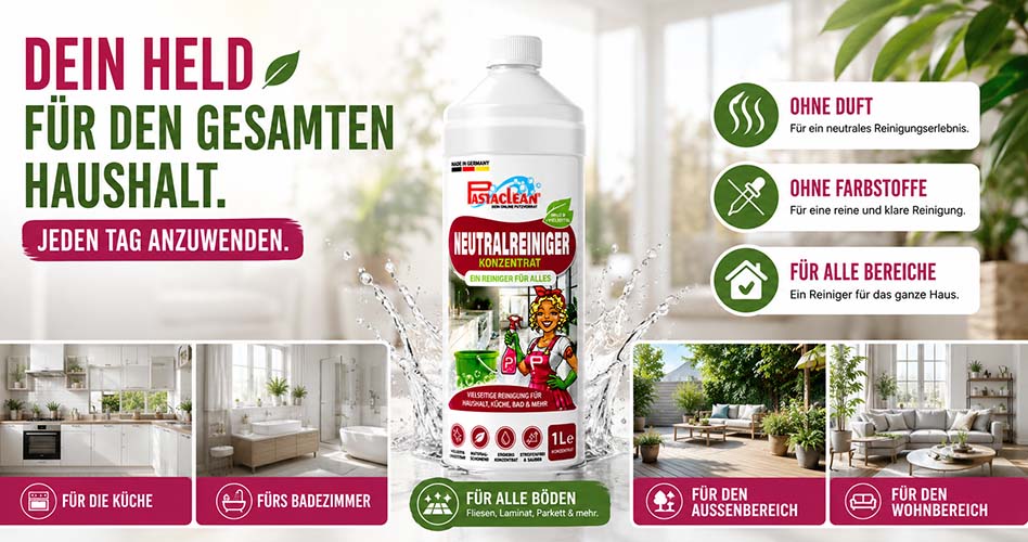 Pastaclean Neutralreiniger Konzentrat für vielseitige Reinigung im Haushalt, Küche, Bad, Außenbereich; Duft- und farbstofffrei, geeignet für Fliesen, Laminat, Parkett.