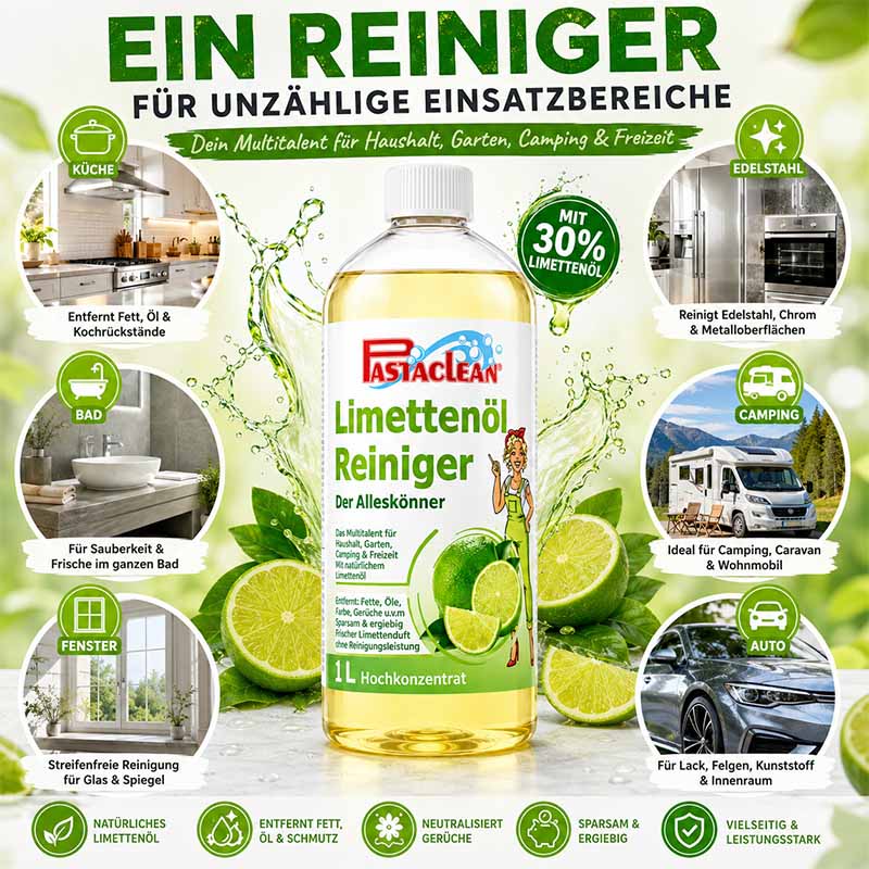 Limettenöl Reiniger Konzentrat 1 Liter, vielseitiger Alleskönner für Küche, Bad, Fenster, Edelstahl, Camping, Auto; entfernt Fett, Schmutz, neutralisiert Gerüche, enthält 30% Limettenöl, hohe Reinigungsleistung, nachhaltig, effizient.