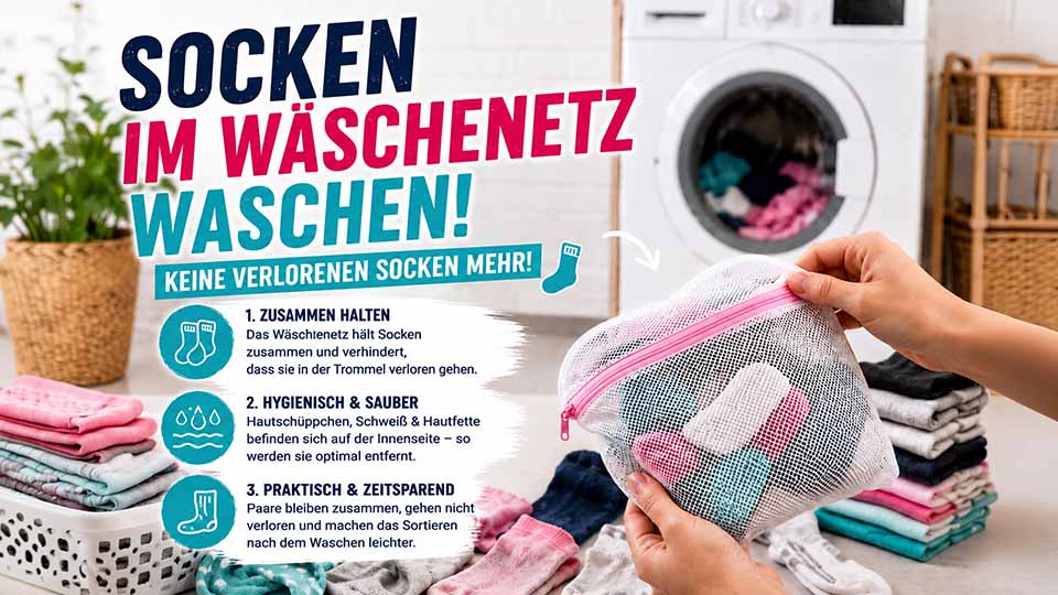 Socken richtig waschen im Wäschenetz – Waschtipp, damit Socken zusammenbleiben, nicht in der Waschmaschine verloren gehen, sauber gewaschen und Zeit gespart.
