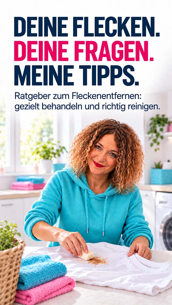 Ratgeber zur Fleckenentfernung zeigt Tipps zur gezielten Behandlung von Flecken auf Kleidung in einer hellen Küche. Frau verwendet Fleckenseife für effektive Reinigung.