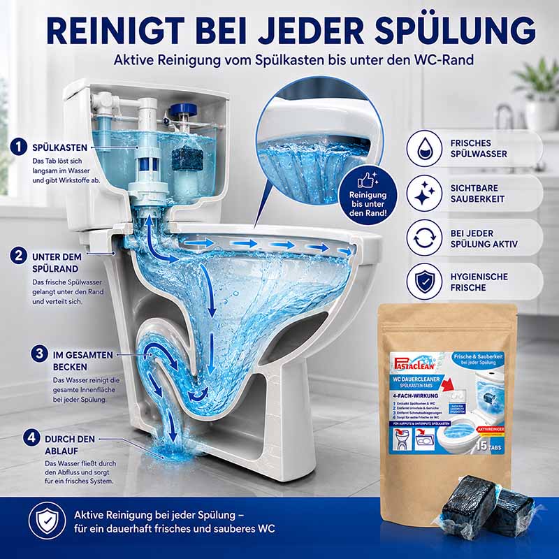 Spülkasten Tabs, Wasserkastenwürfel mit Aktivreiniger, 15 Stück, für frisches Spülwasser, sichtbare Sauberkeit, hygienische Frische, aktive Reinigung bei jeder Spülung, 4-fach-Wirkung, DauerWC Cleaner, Toilettenreinigung, Frische und Sauberkeit bei jedem