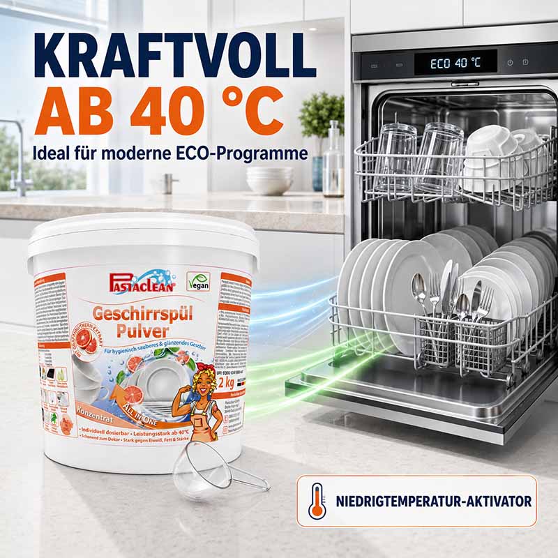 Pastaclean Geschirrspülpulver für Geschirrspüler, 2 kg, kraftvoll ab 40°C, ideal für ECO-Programme, entfernt Fett und Schmutz für hygienisch sauberes Geschirr