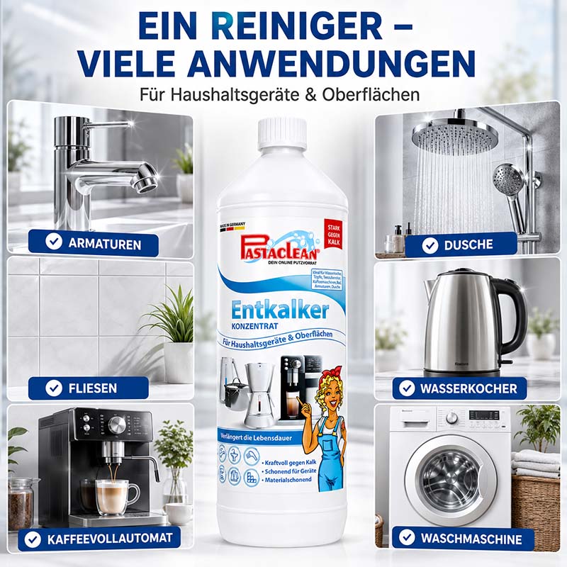 Pastaclean Entkalker Konzentrat für Haushaltsgeräte und Oberflächen, 1000 ml, starke Kalklösekraft, geeignet für Armaturen, Fliesen, Kaffeemaschinen, Duschen, Wasserkocher und Waschmaschinen.