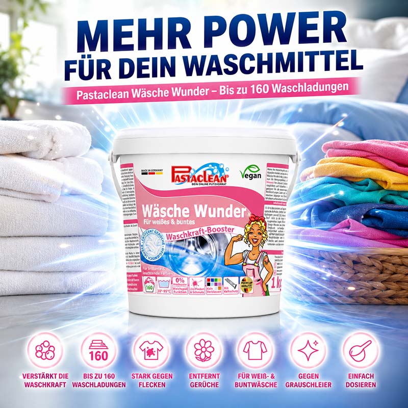 Pastaclean Wäsche Wunder Waschpulver Zusatz, 160 Waschladungen, 1 kg, verstärkt Waschkraft für weißes und buntes, entfernt Flecken und Gerüche, geeignet für weiße und Buntwäsche, einfach dosierbar, vegan.