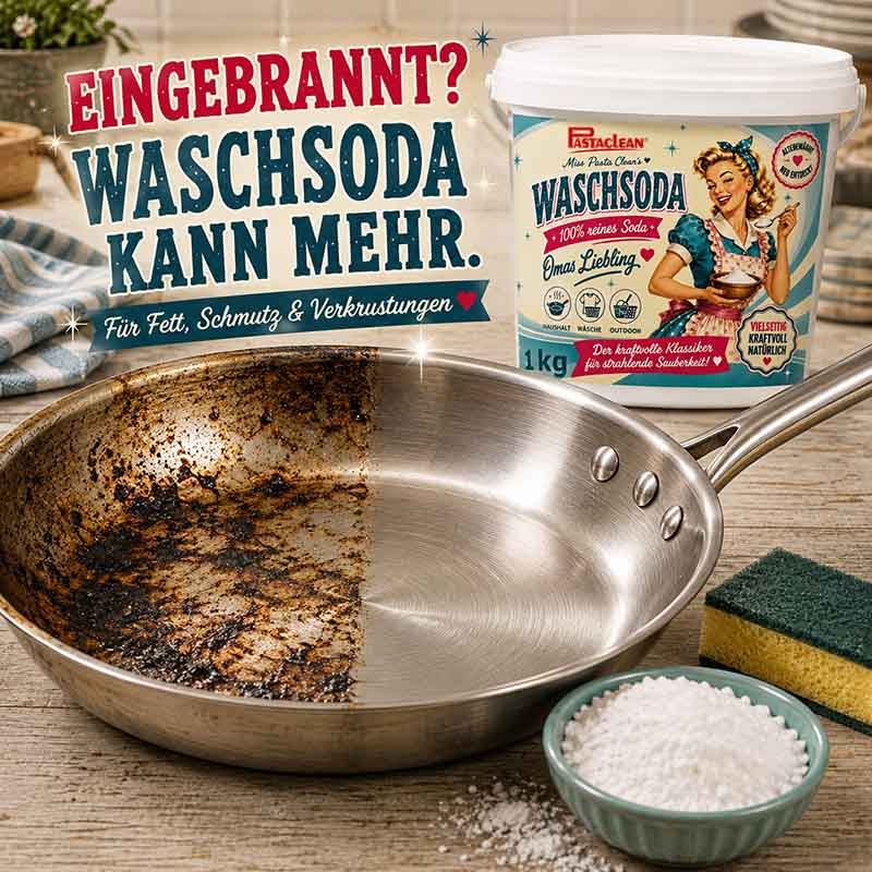 Pastaclean Waschsoda 1 kg, 100 % reine Soda zur Entfernung von Fett, Schmutz und Flecken im Haushalt, geeignet für Wäsche und Gartenreinigung, vielseitig einsetzbar für gründliche Sauberkeit.