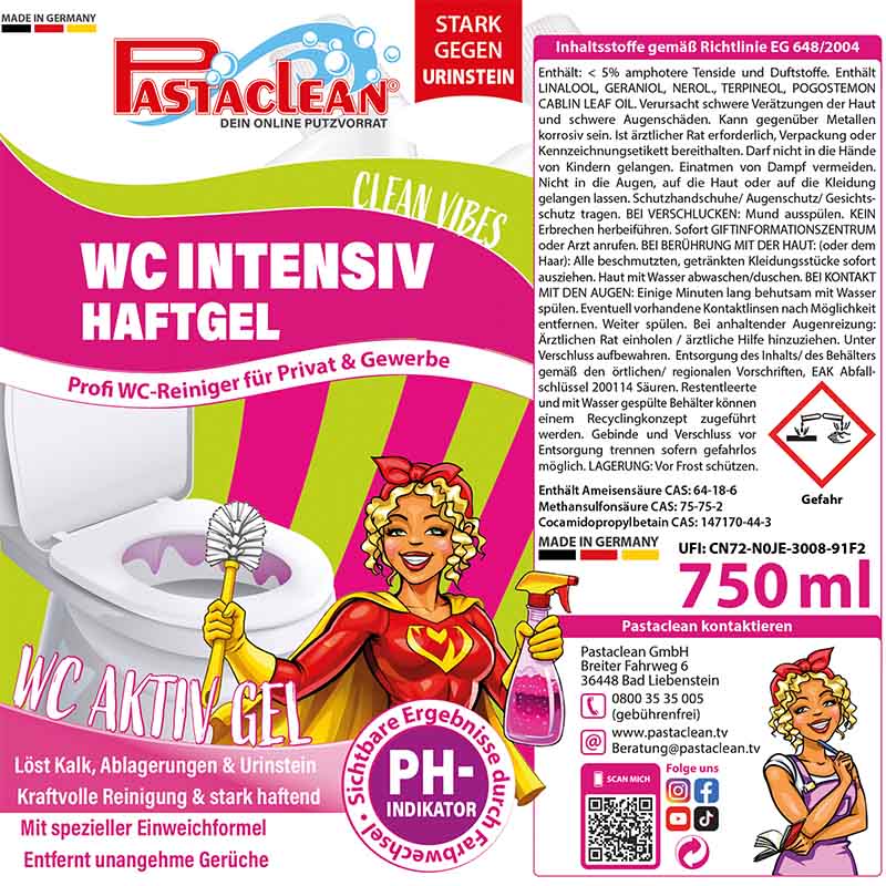WC Reiniger stark gegen Urinstein & Kalk, 2x 750 ml, Intensiv Haftgel mit Farbwechsel-Aktiv-Formel, löst Ablagerungen, starke Reinigung, PH-Indikator, für Privat & Gewerbe, Pastaclean, Made in Germany