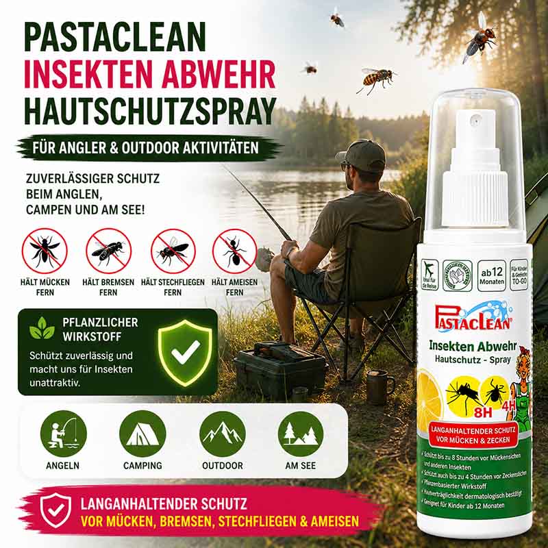 Pastaclean Insektenschutz Hautschutz Spray 100 ml, zuverlässiger Schutz vor Mücken, Zecken und Stechfliegen, ideal für Angler, Camping und Outdoor-Aktivitäten, pflanzlicher Wirkstoff für langanhaltenden Schutz