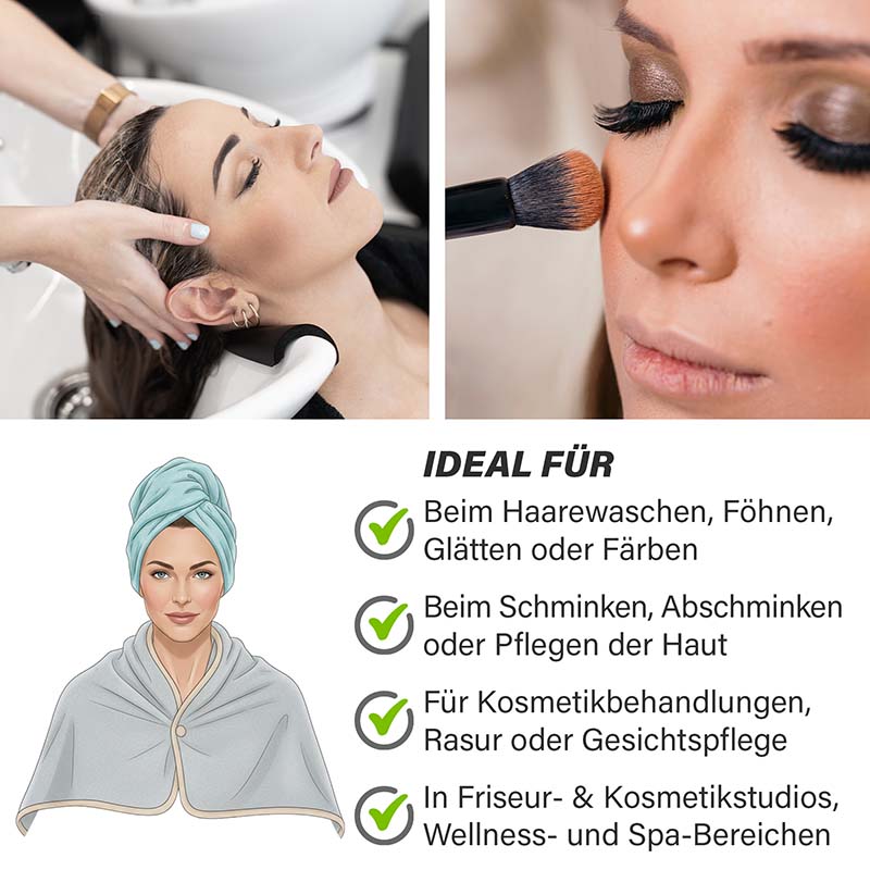 Pastaclean Kosmetik- und Frisierhandtücher Anwendungsszene: Frau beim Haarewaschen und Schminken, Illustration des Mikrofaser-Handtuchs für Föhnen, Styling, Kosmetik und Wellness – ideal für Studios, Spa und Zuhause.