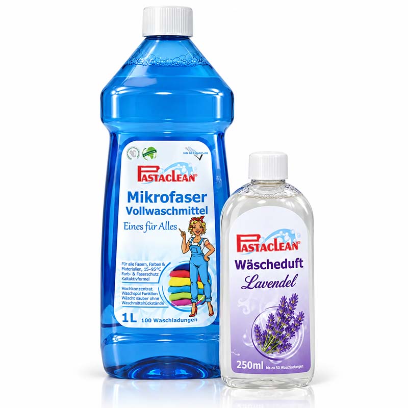 Pastaclean Mikrofaser Flüssigwaschmittel und Lavendel Wäschduft Set zur Reinigung und Duftoptimierung von Textilien, geeignet für alle Fasern und Farben bei 15-95°C, 1L Waschmittel und 250ml Lavendeldurft.