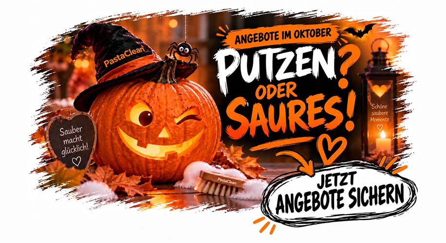 Pastaclean Halloween-Themenangebot mit Kürbisdekoration und Reinigungsprodukten für eine saubere Umgebung im Oktober.