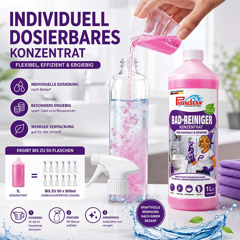 Badreiniger Konzentrat 1L, Kalkreiniger für Dusche, Waschbecken, Toilette, individuell dosierbar, ergiebig, weniger Verpackung, ergibt bis zu 50 Flaschen, flexibel, effizient, kraftvolle Reinigung, Anwendung und Dosierung, Pastaclean Bad-Reiniger.