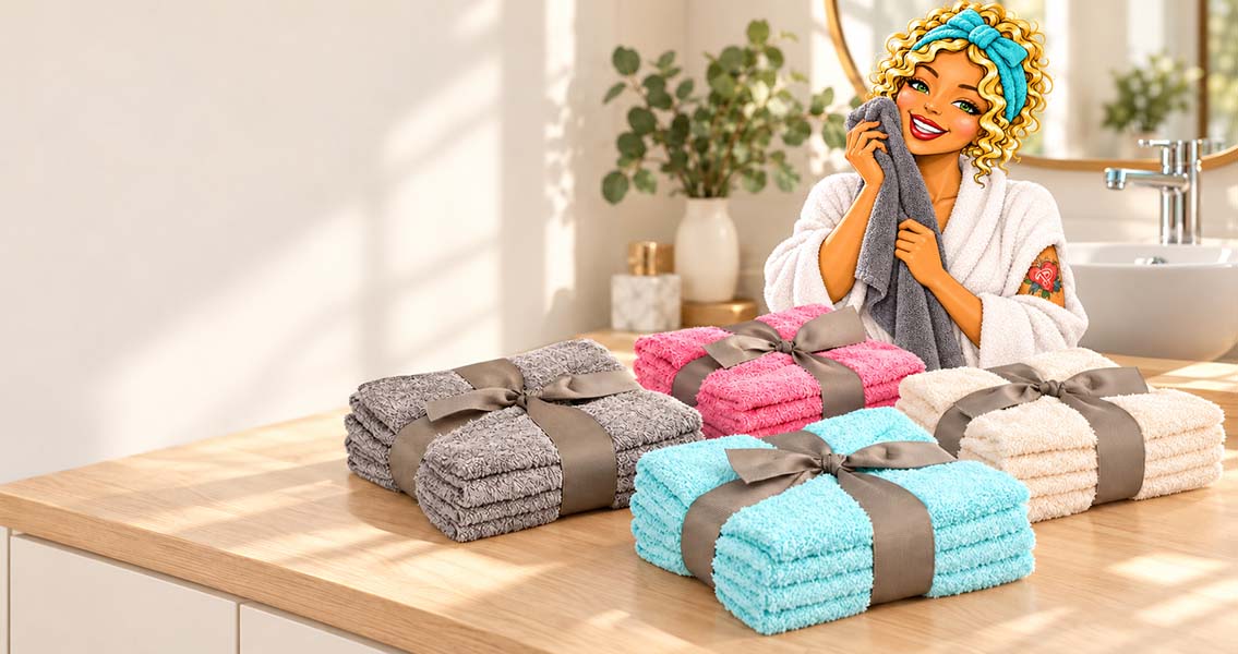 Miss Pastaclean mit flauschigen Gästehandtüchern und Geschenksets in Grau, Beere, Türkis und Kitt