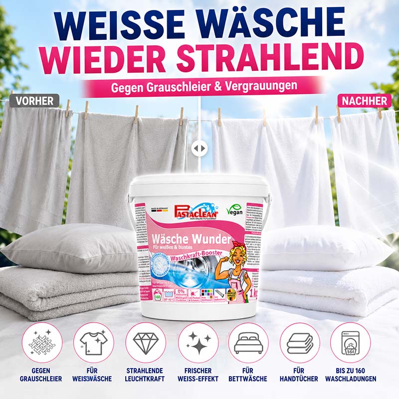 Pastaclean Wäsche Wunder Waschpulver Zusatz 160 WL für Weißes und Buntes, entfernt Grauschleier und Vergrauungen, strahlende Leuchtkraft, geeignet für Bettwäsche, Handtücher, bis zu 160 Waschladungen, vegan