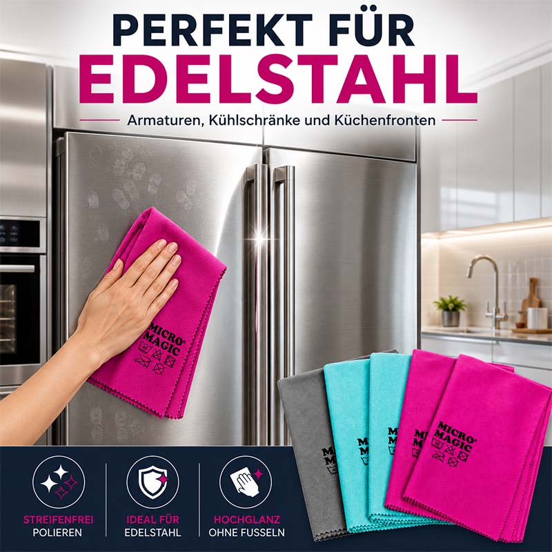 Micro Magic Glas- & Poliertücher, 5tlg Set, ideal für streifenfreies Polieren von Edelstahl, Armaturen und Küchenfronten, hochglänzend ohne Fusseln, bunte Farben, vielseitig einsetzbar im Haushalt.