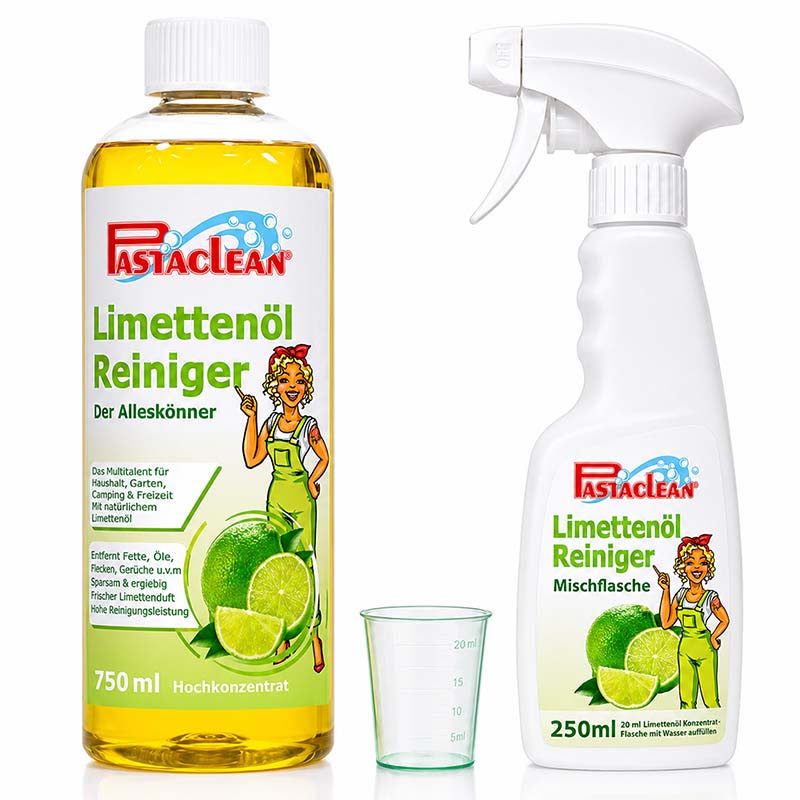 Limettenölreiniger Konzentrat 750 ml mit Sprühflasche 250 ml und Messbecher, Pastaclean, Hochkonzentrat, vielseitiger Allzweckreiniger, zur Entfernung von Fett, Öl, Flecken, mit frischem Limettenduft, ideal für Haushalt und Garten.