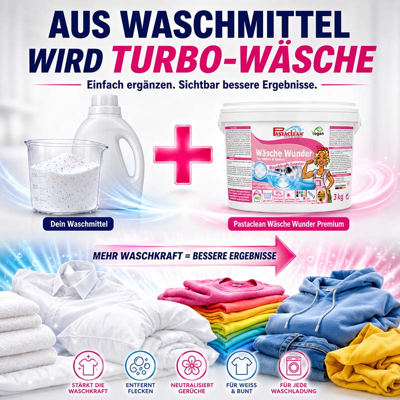 Waschkraftverstärker Pastaclean Wäsche Wunder 3 kg, geeignet für Weiß- und Buntwäsche, verstärkt Waschleistung, entfernt Flecken, neutralisiert Gerüche, für jede Waschladung. Produktabbildung mit Anwendungsbeispielen.