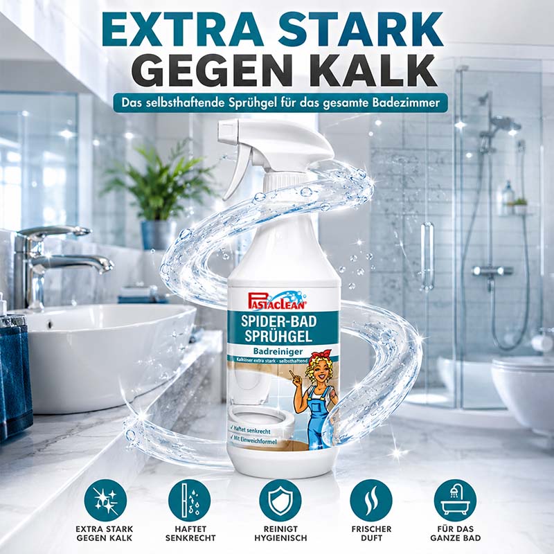 Spider Bad Sprühgel 1 l, starker Badreiniger gegen Kalk, haftet senkrecht, reinigt hygienisch für Badezimmer, frischer Duft, selbsthaftend, geeignet für Waschtisch, Dusche, Armaturen, Fliesen im Bad.