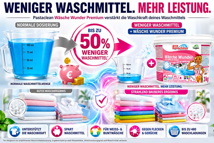 Pastaclean Wäsche Wunder Premium, weniger Waschmittel Verbrauch, mehr Waschkraft, bis zu 50% weniger Waschmittel, strahlend sauberes Waschergebnis, für Weiß- und Buntwäsche, gegen Flecken, bis zu 480 Waschladungen, vegan.