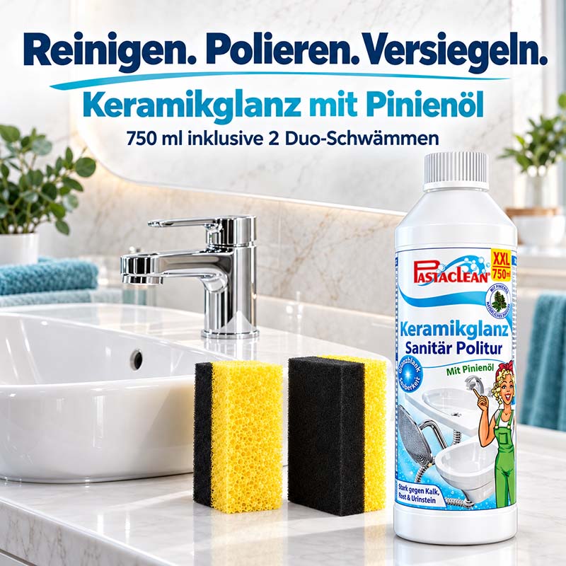 Pastaclean Keramikglanz Sanitärpolitur mit Pinienöl, ideal zur Reinigung von Bad und Küche, 750 ml inklusive 2 Duo-Schwämme, entfernt Kalk und Verunreinigungen, poliert und versiegelt Oberflächen.