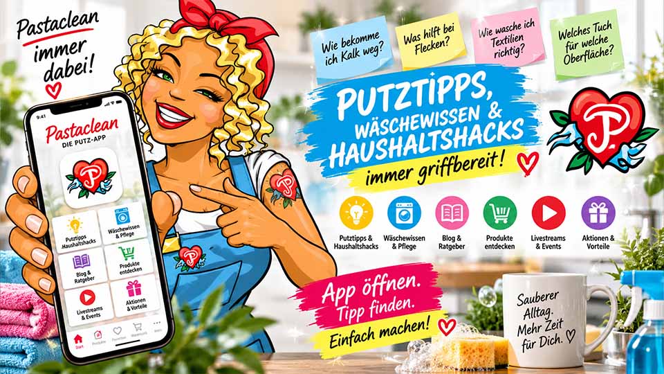 Pastaclean Putz-App mit Putztipps, Wäschewissen und Haushaltshacks auf dem Smartphone