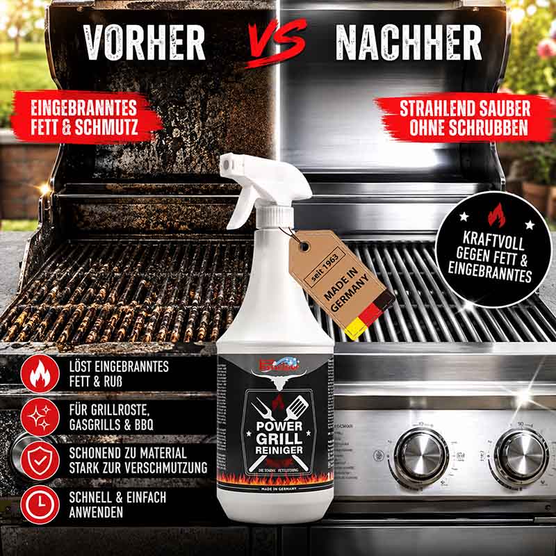 Power Grill Reiniger 1000 ml, Made in Germany, entfernt eingebranntes Fett und Schmutz von Grillrosten, Gasgrills, BBQ, schonend zu Material, nachher strahlend sauber, kraftvoll gegen Verschmutzung, schnell und einfach anwendbar.