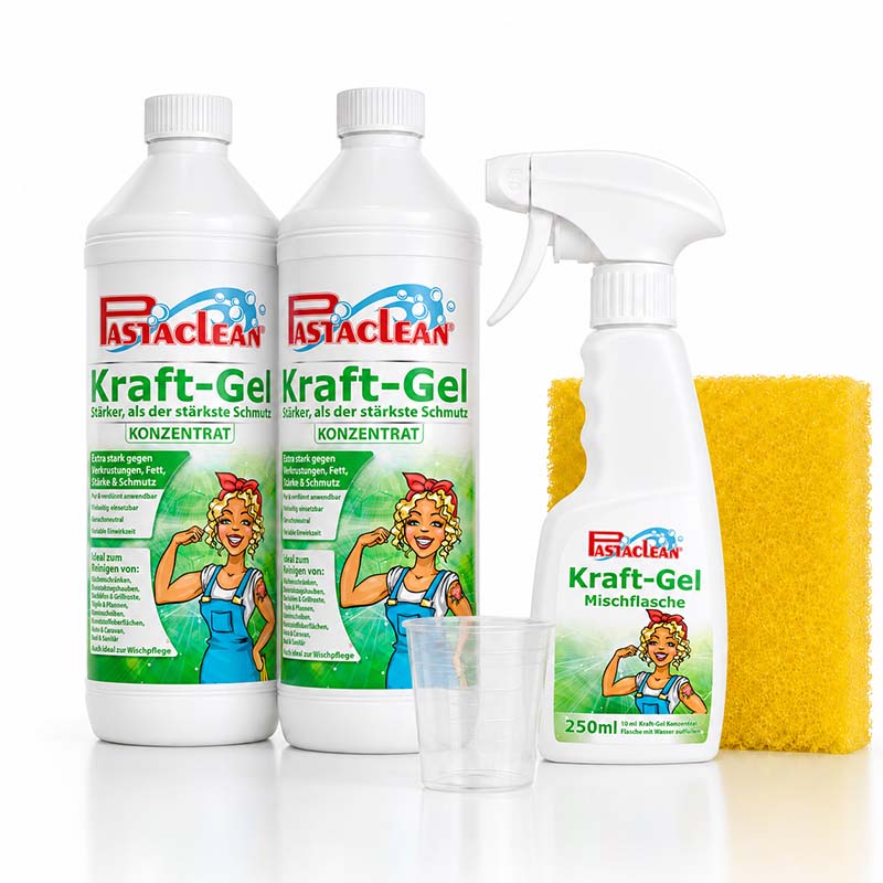 Pastaclean Kraftgel Universalreiniger Konzentrat zur Entfernung von Fett, Stärke und Schmutz, geeignet für Oberflächenreinigung im Haushalt, 2x 750ml Flaschen mit Mischflasche und Schwamm im Set