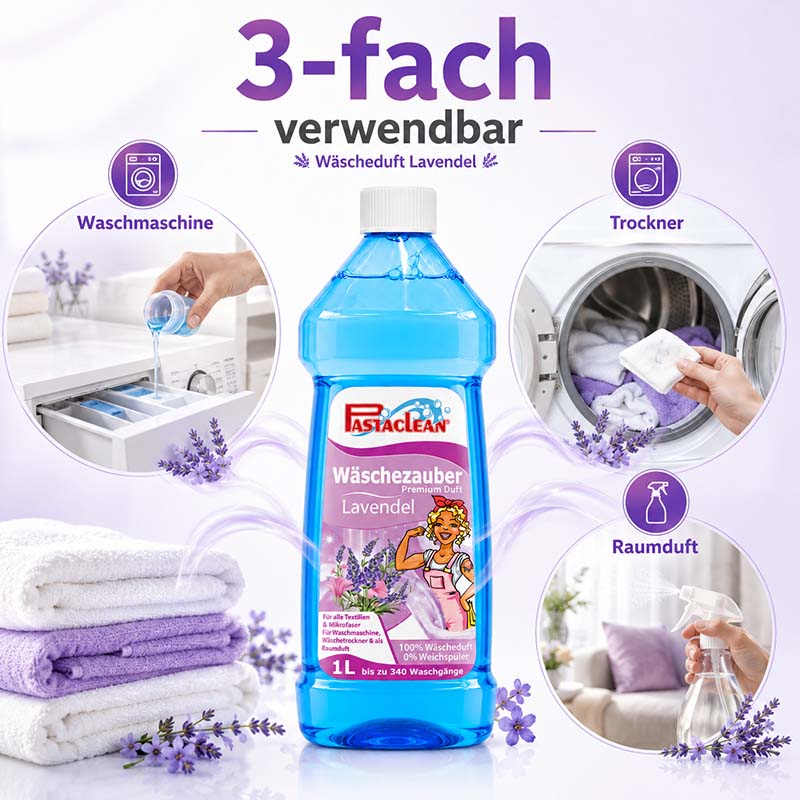 Pastaclean Wäscheduft Premium Lavendel 1L für Waschmaschine, Trockner und als Raumduft, geeignet zur Erfrischung von Textilien mit langanhaltendem Lavendelduft, ideal für Haushaltsanwendungen.