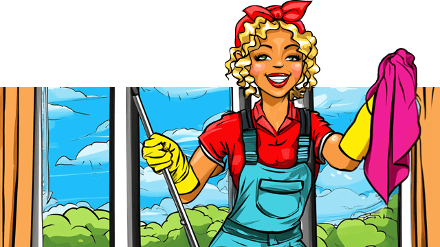 Miss Pastaclean putzt Fenster mit Poliertuch Miss Pastaclean putzt Fenster mit Poliertuch