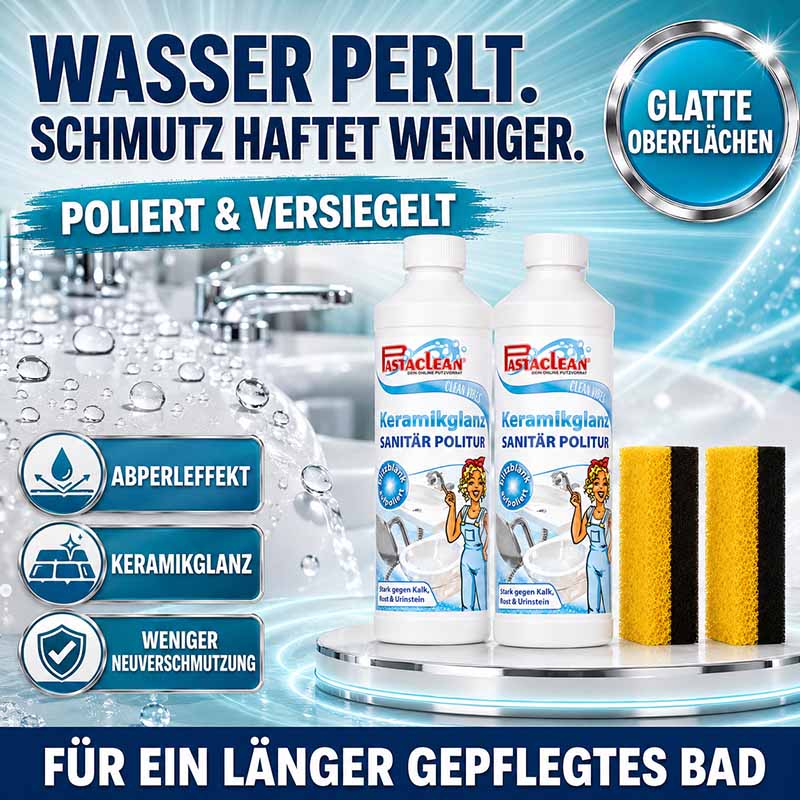 Pastaclean Sanitärpolitur Set mit Abperleffekt und Keramikglanz für glatte Oberflächen im Bad, 2x 500ml inkl. Schwämme zur Kalk- und Schmutzentfernung, Politur und Versiegelung von Sanitärkeramik.