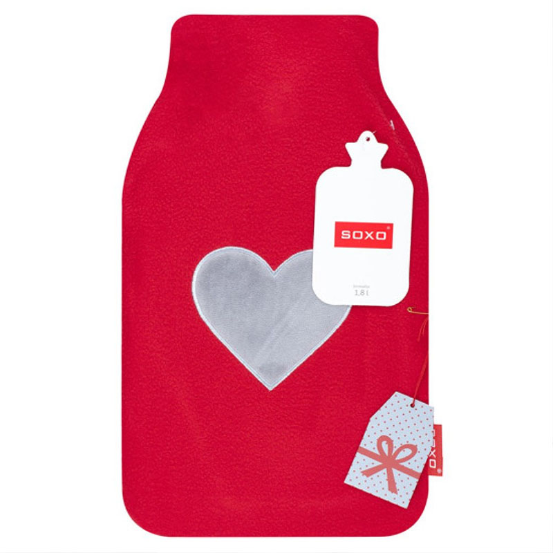 SOXO Wärmflasche mit Bezug, 1,8l (rot mit grauem Herz)