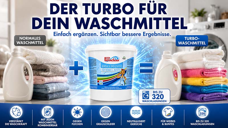 Waschmittel-Booster Waschkraftverstärker für Weißes und Buntes, ideal kombinierbar mit normalem Waschmittel, löst Flecken, reduziert Grauschleier und neutralisiert Gerüche, geeignet für bis zu 320 Waschladungen.