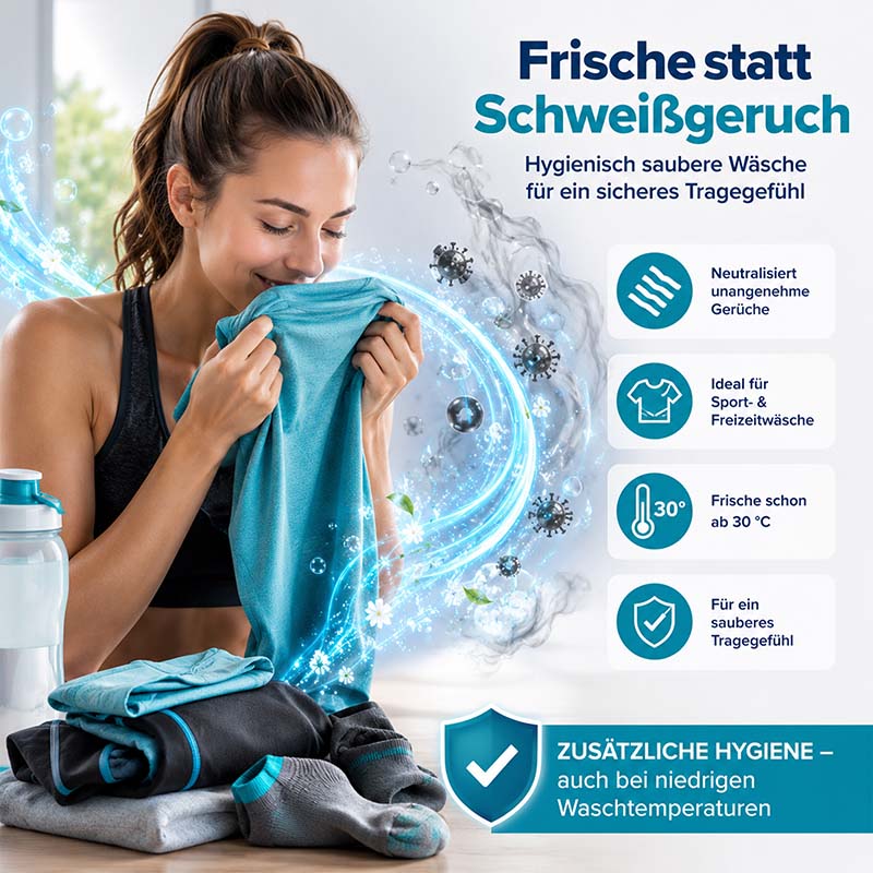 Wäschefreund Hygienespüler 1,5 Liter, neutralisiert Gerüche, ideal für Sport- und Freizeitwäsche, frische Wäsche bei 30 Grad, zusätzliche Hygiene bei niedrigen Waschtemperaturen, sicheres Tragegefühl