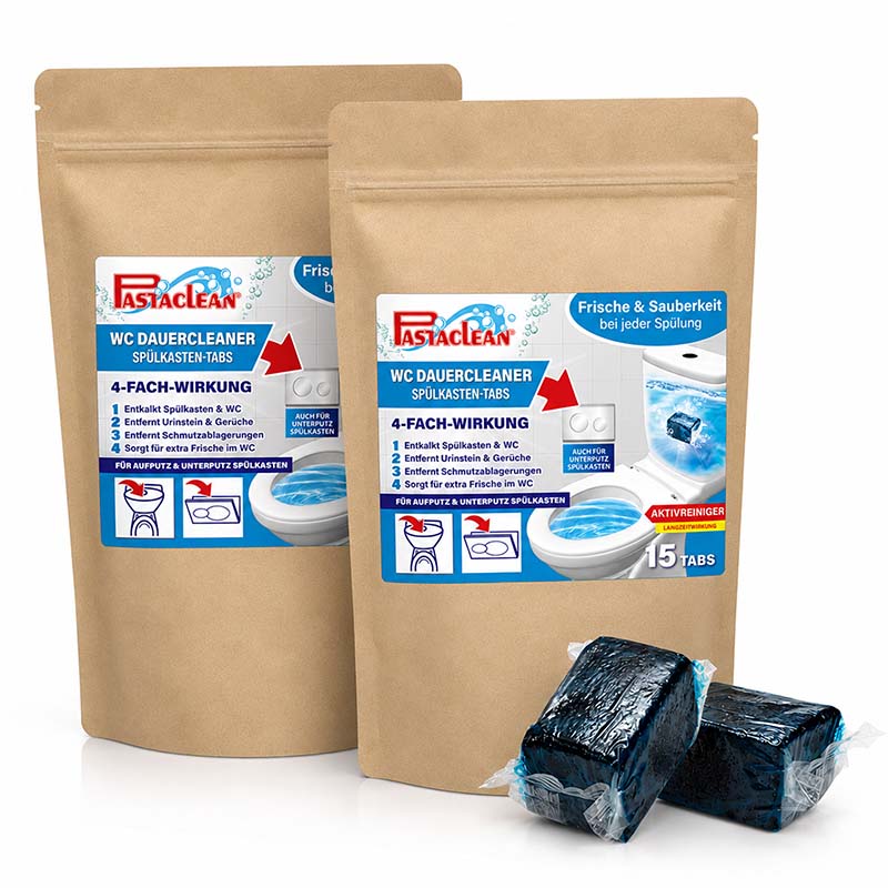 Spülkasten-Tabs Wasserkastenwürfel Aktivreiniger 30 Stück, Entkalker, Geruchsentferner, Schmutzbeseitiger, Frische WC, 4-fach-Wirkung, Pastaclean Verpackung, Reinigungspads Toilette, langlebig, WC-Hygiene, Aufputz und Unterputz.