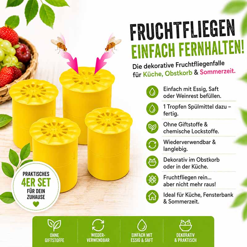 Fruchtfliegenfalle 4er Set, effektive Obstfliegenfalle ohne Gift, mehrfach verwendbar, dekorativ für Küche, Obstkorb, Sommerzeit; Einsatz mit Essig, Saft oder Wein; umweltfreundlich, langlebig, einfach anzuwenden.
