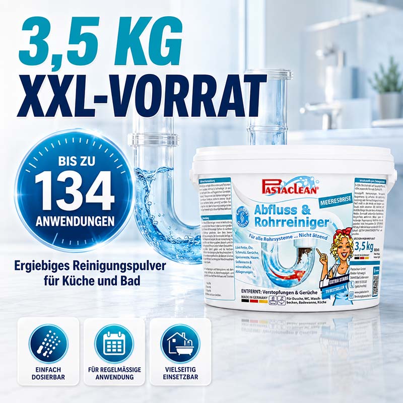 Pastaclean Abfluss- & Rohrreiniger Meeresbrise, 3,5 kg, Reinigungsmittel für Küche und Bad, entfernt Verstopfungen und Gerüche, einfach dosierbar, bis zu 134 Anwendungen, vielseitig einsetzbar