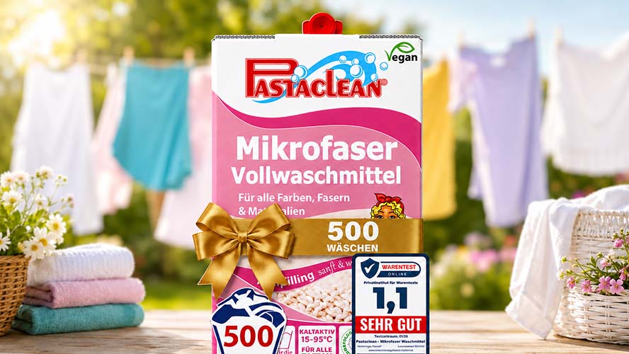 Verschiedene Textilien auf einer Wäscheleine in einer hellen Waschküche