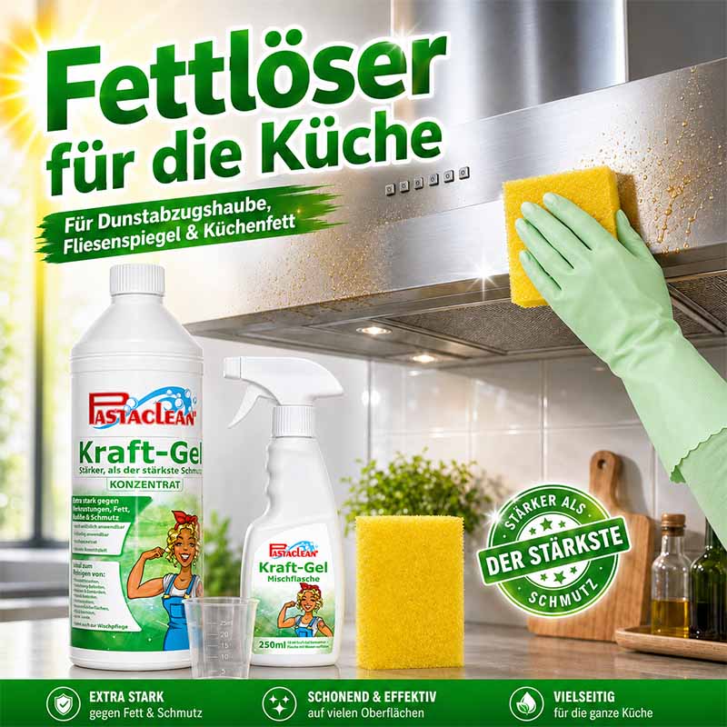 Pastaclean Kraftgel Fettlöser für Küche, geeignet für Dunstabzugshaube, Fliesenspiegel, Küchenfett, inklusive Reinigungshandschuh und Zubehör.