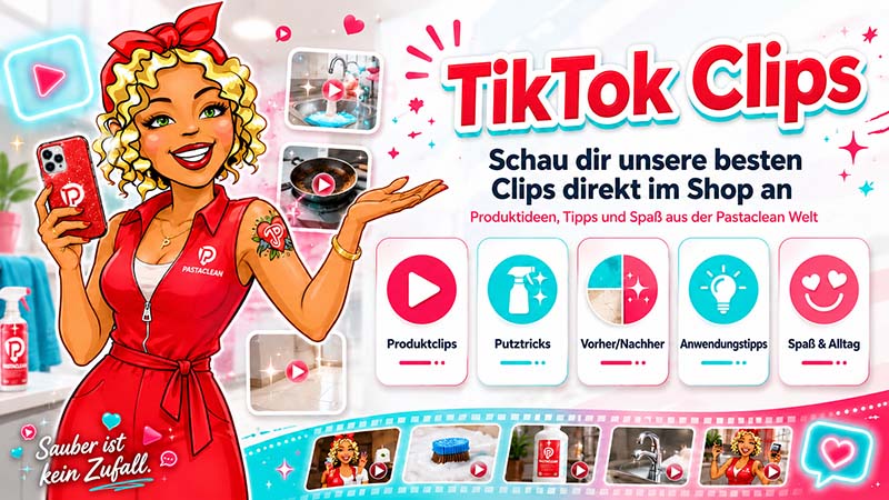 Pastaclean TikTok Clips für Produktideen, Putztricks und Anwendungstipps aus der Pastaclean Welt, entdecken Sie Videos zu Produkten, Reinigungstipps und Alltagshilfen im Shop.