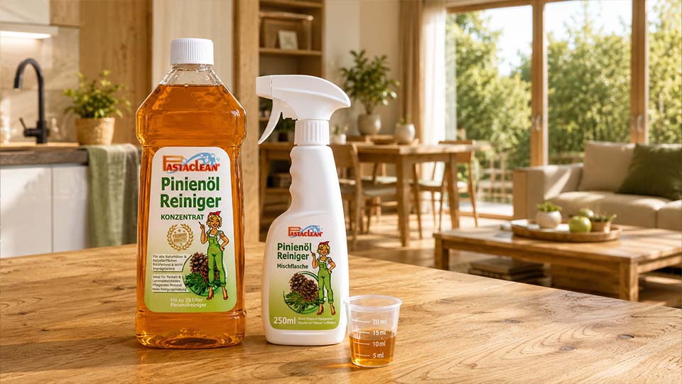 Pastaclean Pinienöl Reiniger Konzentrat mit Mischflasche und Messbecher auf einem Holztisch in einem hellen Wohnraum. Bereits eine kleine Menge Konzentrat genügt, um mit Wasser aus dem Wasserhahn eine gebrauchsfertige Reinigungslösung für zahlreiche Anwendungen im Haushalt herzustellen.