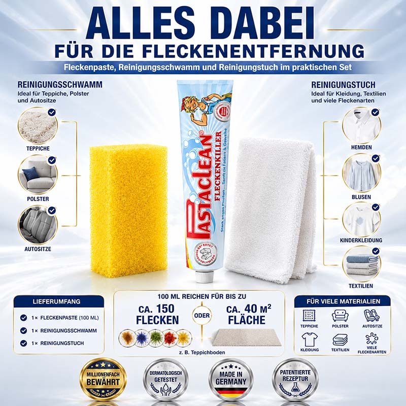 Fleckenpaste 100ml Set mit Reinigungsschwamm und Tuch, ideal für Fleckenentfernung auf Teppichen, Polstern, Autositzen, Kleidung und Textilien. Made in Germany, dermatologisch getestet, patentierte Rezeptur, hohe Kundenzufriedenheit.