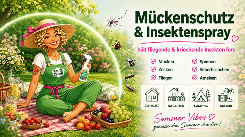 Pastaclean Mückenschutz & Insektenspray hält fliegende und kriechende Insekten wie Mücken, Zecken, Fliegen, Spinnen, Silberfischchen und Ameisen fern, ideal für Zuhause, Garten, Camping und Urlaub.