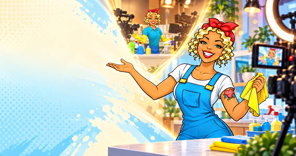 Miss Pastaclean bei einer Produktpräsentation im Homeshopping- und Livestream-Studio