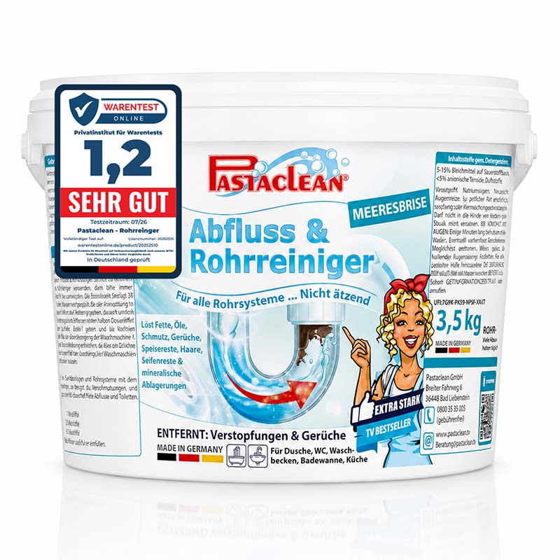Pastaclean Abfluss- und Rohrreiniger Meeresbrise 3,5Kg für alle Rohrsysteme, ideal zur Entfernung von Fett, Öl, Schmutz und Gerüchen in Dusche, WC, Waschbecken und Badewanne, Made in Germany.